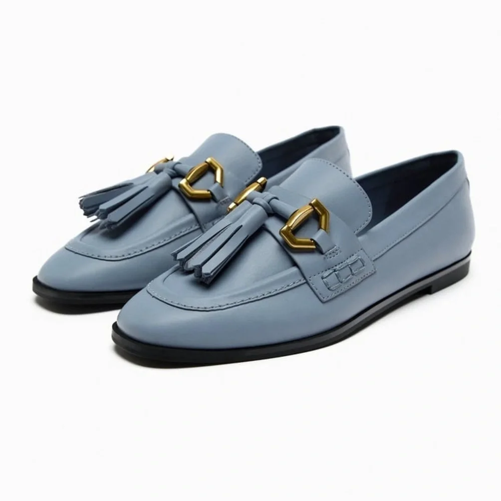NWT. Zara Blue Tassels Flat Loafers. Size 6,5.